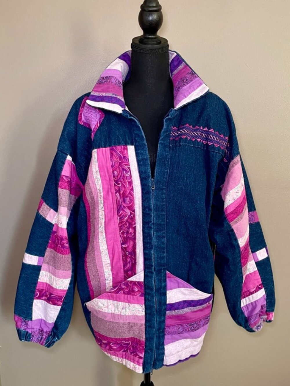 Handmade 1990s Oregon Trail patchwork denim jacket, Talon zipper